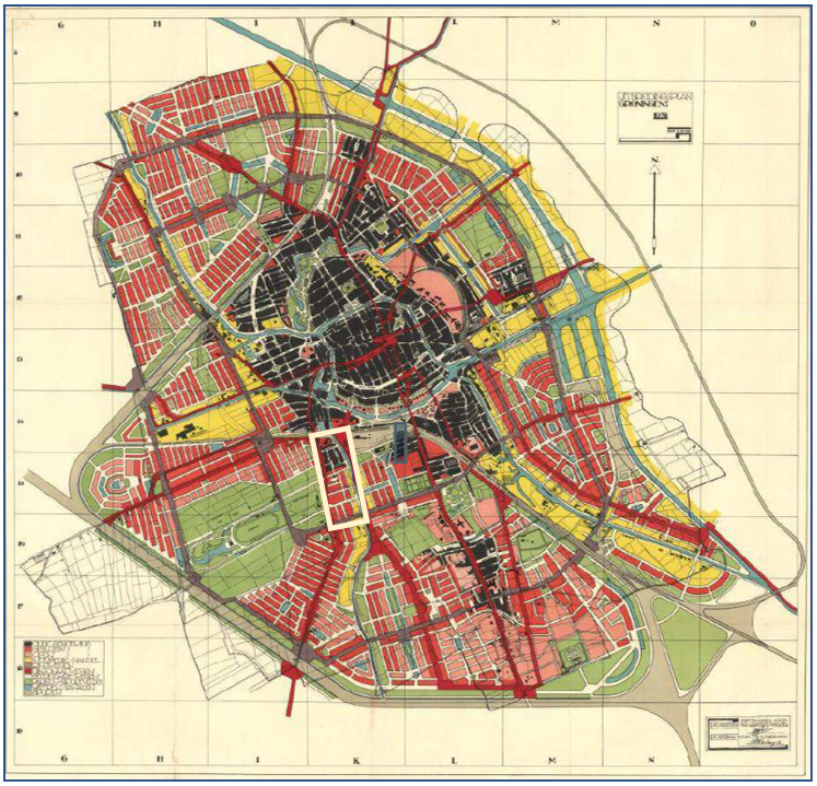 Landkaart met het uitbreidingsplan Groningen uit 1928 (niet in deze versie uitgevoerd)
